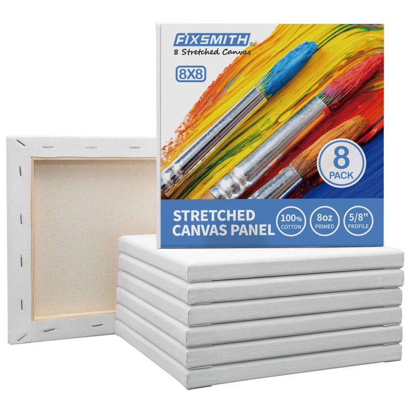 FIXSMITH Stretched White Blank Canvas 8x8 Inch8 PackPrimed100 Cotton58 Inch Profile of Super Value Pack for AcrylicsOils  Other Painting Media