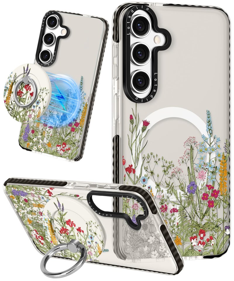 Lotadilo Cute Case for Samsung Galaxy S25 for Women Girls - Funny Wild Floral Design Compatible with Magsafe Magnetic Ring Holder Kickstand Fashion TPU Phone Covers - Image 1