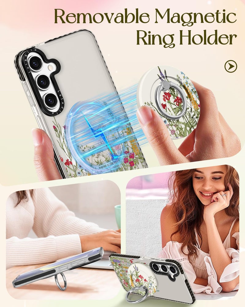 Lotadilo Cute Case for Samsung Galaxy S25 for Women Girls - Funny Wild Floral Design Compatible with Magsafe Magnetic Ring Holder Kickstand Fashion TPU Phone Covers - Image 4