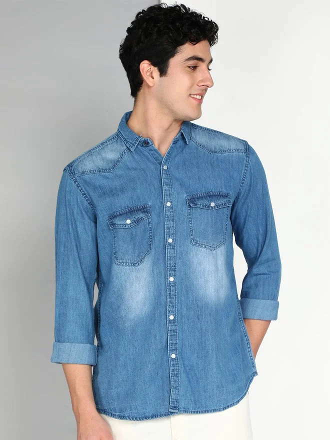 KUONS AVENUE KUONS AVENUE Men Blue Denim Double Pocket Shirt