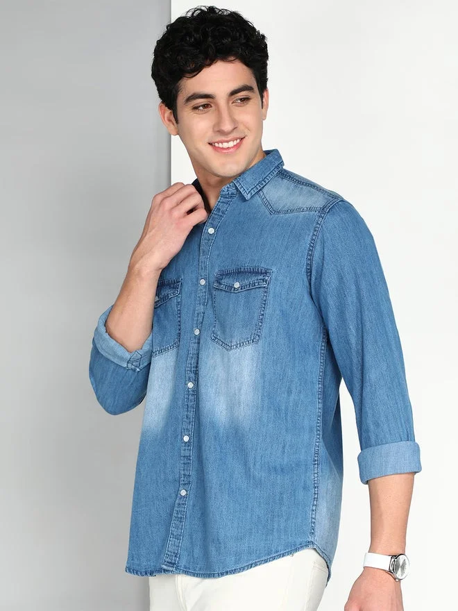 KUONS AVENUE KUONS AVENUE Men Blue Denim Double Pocket Shirt
