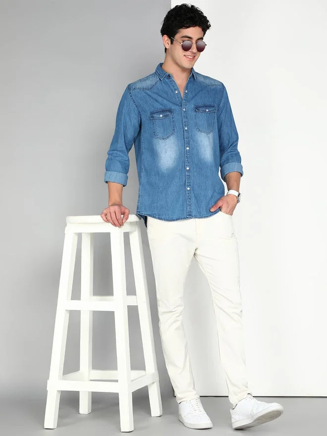 Kuons Avenue  KUONS AVENUE Men Blue Denim Double Pocket Shirt for Men | Best Price UAE