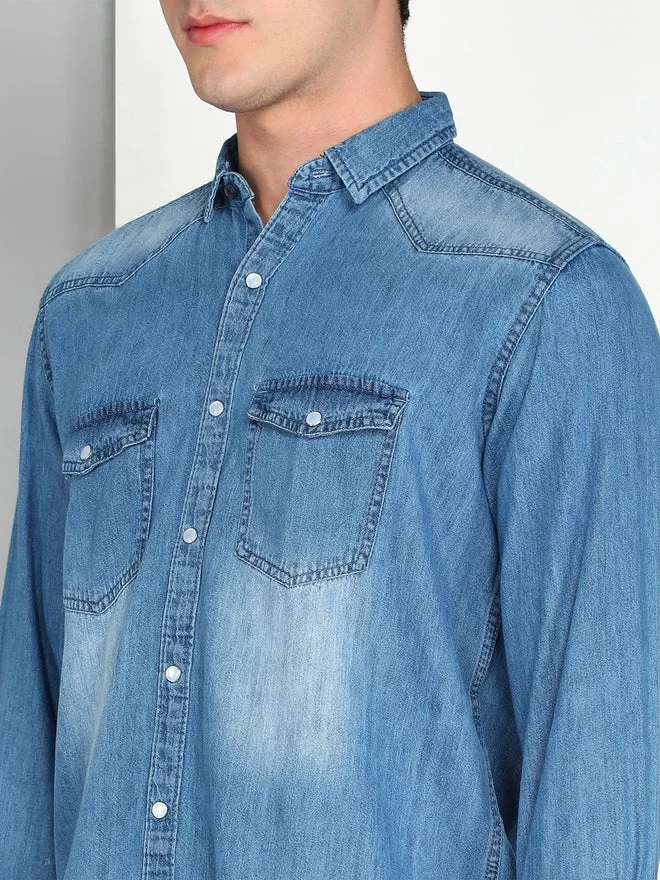 Kuons Avenue  KUONS AVENUE Men Blue Denim Double Pocket Shirt for Men | Best Price UAE
