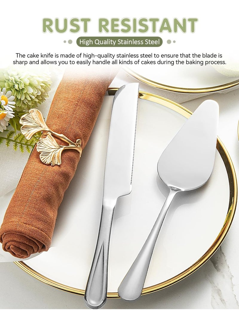 طقم تقطيع كيك فاخر من قطعتين، سكين وموزع رفيعان بتصميم مسنن، يشمل سكين كيك وملعقة فطائر للمعجنات والبيتزا والحلويات (فضي). - Image 2