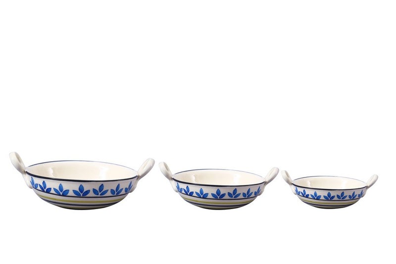 Caffeine Ceramic Handmade Stoneware Blue Asmiya Serving Kadhai (Set of 3 Dishwsaher & Microwave Safe) - Image 1