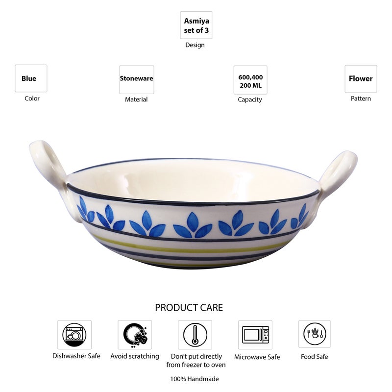 Caffeine Ceramic Handmade Stoneware Blue Asmiya Serving Kadhai (Set of 3 Dishwsaher & Microwave Safe) - Image 3
