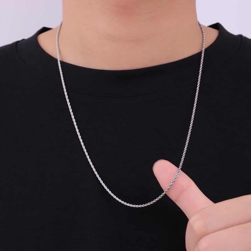Fiusem Silver Tone Chain Necklace for Men, 2mm Mens Chain Necklace, Stainless Steel Rope Chain for Men and Women, Mens Necklace 30 Inch - Image 4
