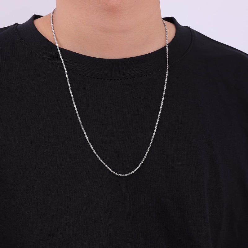 Fiusem Silver Tone Chain Necklace for Men, 2mm Mens Chain Necklace, Stainless Steel Rope Chain for Men and Women, Mens Necklace 30 Inch - Image 3
