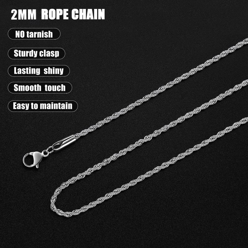 Fiusem Silver Tone Chain Necklace for Men, 2mm Mens Chain Necklace, Stainless Steel Rope Chain for Men and Women, Mens Necklace 30 Inch - Image 5