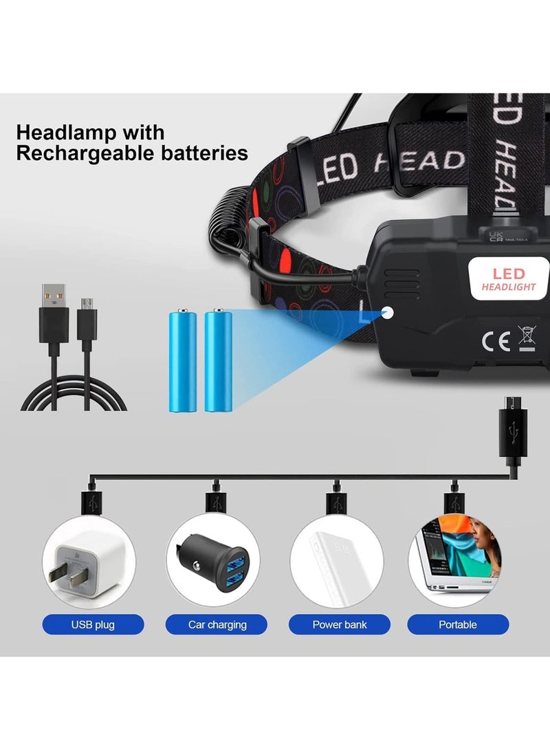 AROAQ Rechargeable Led Headlamp with 3 Lights 4 Modes Head Torches Super Bright Waterproof Hands Free LED Head Lamp for Camping - Image 3