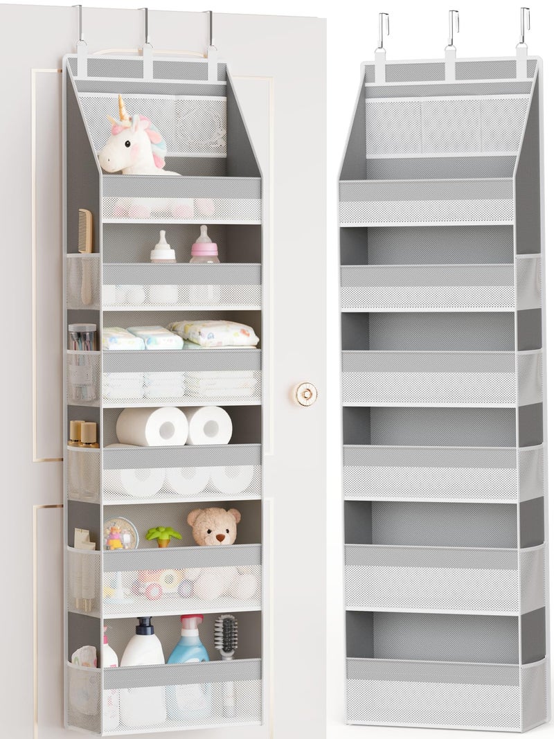Criusia Over The Door Organizer, Heavy-Duty 6-Shelf Hanging Storage with 13 Mesh Pockets, 55lbs Capacity Behind The Door Storage for Nursery, Bathroom, Bedroom, and Dorm, Grey - Image 1