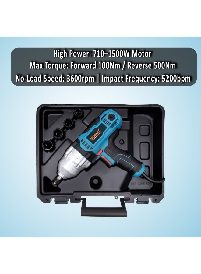 بوناي مفتاح ربط كهربائي صدمي، أداة كهربائية شديدة التحمل، 1500 واط، 230 فولت، مع مجموعة من 4 مقابس، 3600 دورة في الدقيقة، 5200 نبضة في الدقيقة، عزم دوران أمامي وخلفي، مناسب لإطارات السيارات، المرآب، وورشة العمل - طراز BN-GW5-500 - Image 2