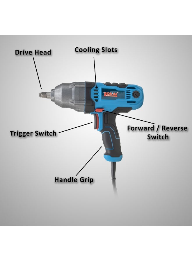 بوناي مفتاح ربط كهربائي صدمي، أداة كهربائية شديدة التحمل، 1500 واط، 230 فولت، مع مجموعة من 4 مقابس، 3600 دورة في الدقيقة، 5200 نبضة في الدقيقة، عزم دوران أمامي وخلفي، مناسب لإطارات السيارات، المرآب، وورشة العمل - طراز BN-GW5-500 - Image 4