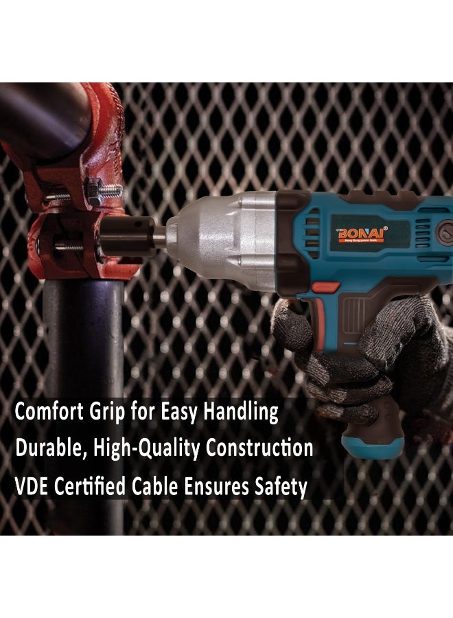بوناي مفتاح ربط كهربائي صدمي، أداة كهربائية شديدة التحمل، 1500 واط، 230 فولت، مع مجموعة من 4 مقابس، 3600 دورة في الدقيقة، 5200 نبضة في الدقيقة، عزم دوران أمامي وخلفي، مناسب لإطارات السيارات، المرآب، وورشة العمل - طراز BN-GW5-500 - Image 5