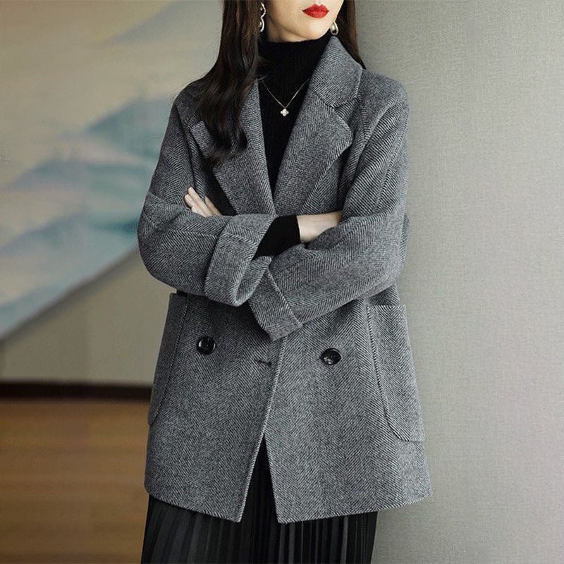 Woolen Mid-Length Coat Fashionable Versatile Herringbone Pattern Loose Slim Coat Trendy - Image 4