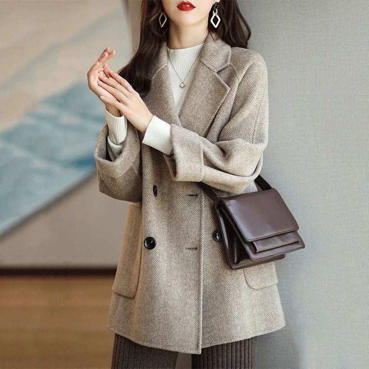 Woolen Mid-Length Coat Fashionable Versatile Herringbone Pattern Loose Slim Coat Trendy - Image 3
