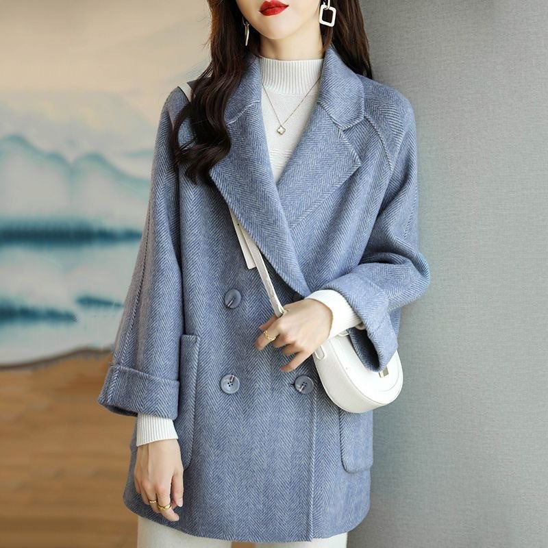 Woolen Mid-Length Coat Fashionable Versatile Herringbone Pattern Loose Slim Coat Trendy - Image 5