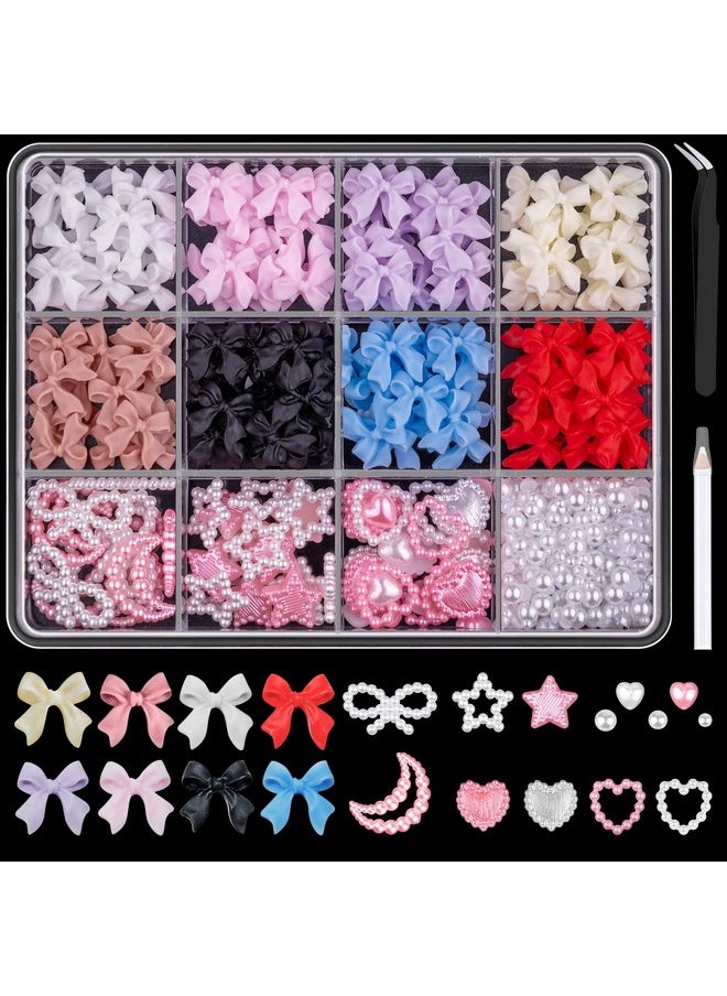 BELLEBOOST 600 Pcs 3D Nail Charms And Flatback Pearls Set 1 8 Colors Nail Bows Charm + Pink&White Star Heart Moon Cute Nail Jewels + 24Mm White Nail Pearls For Nail Art Diy Decoration With Pickup Tools  - Image 1