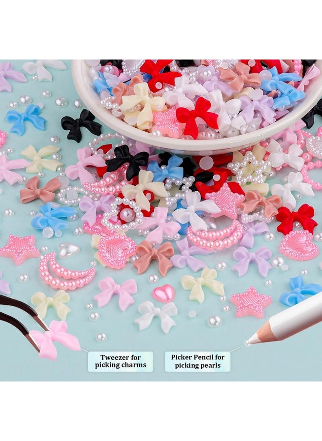 BELLEBOOST 600 Pcs 3D Nail Charms And Flatback Pearls Set 1 8 Colors Nail Bows Charm + Pink&White Star Heart Moon Cute Nail Jewels + 24Mm White Nail Pearls For Nail Art Diy Decoration With Pickup Tools  - Image 3