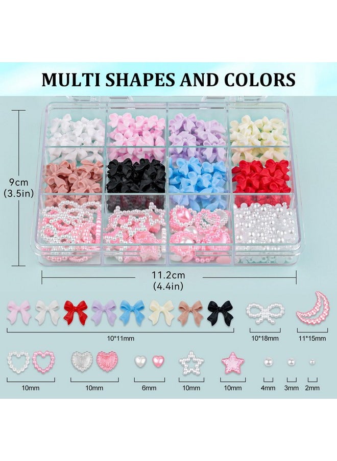BELLEBOOST 600 Pcs 3D Nail Charms And Flatback Pearls Set 1 8 Colors Nail Bows Charm + Pink&White Star Heart Moon Cute Nail Jewels + 24Mm White Nail Pearls For Nail Art Diy Decoration With Pickup Tools  - Image 2