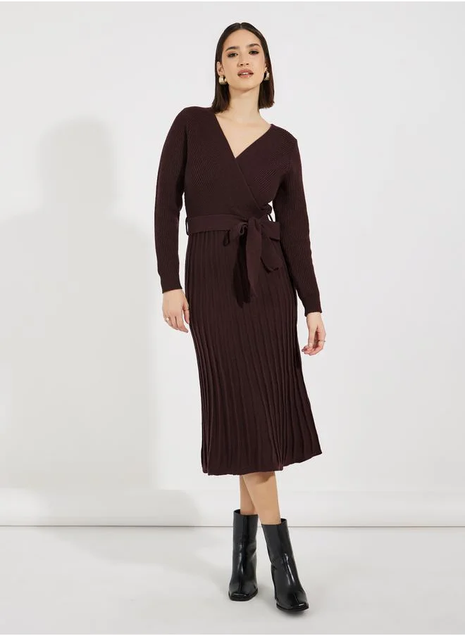 Styli Textured Knit Sweater Midi Dress with Tie Belt