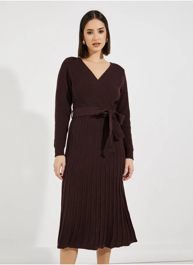 Styli Textured Knit Sweater Midi Dress with Tie Belt
