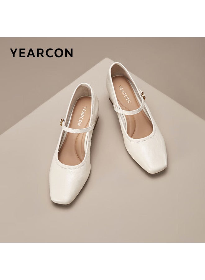 YEARCON Eierkang Women's Retro Mary Jane Shoes Single Strap Chunky Heel Pumps Shallow High Heels 27561w Off-white Size 38 - Image 1