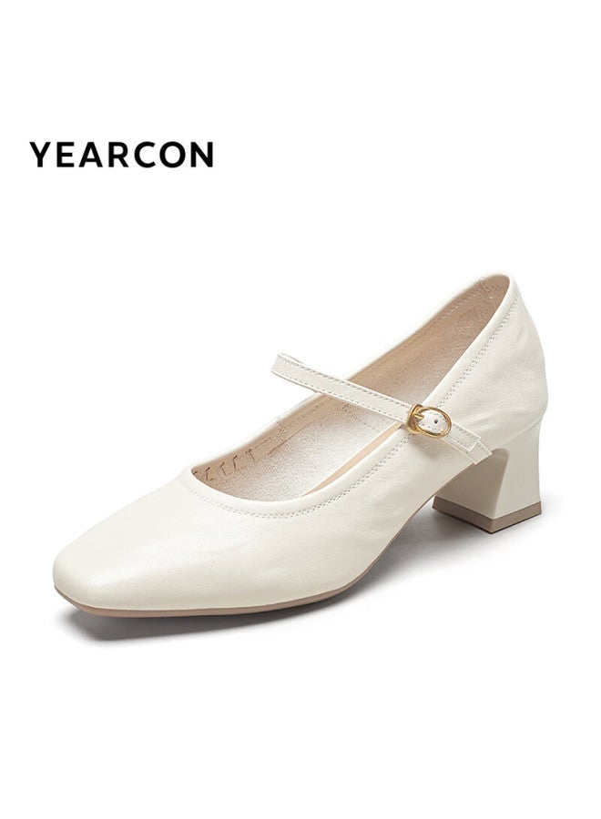 YEARCON Eierkang Women's Retro Mary Jane Shoes Single Strap Chunky Heel Pumps Shallow High Heels 27561w Off-white Size 38 - Image 2