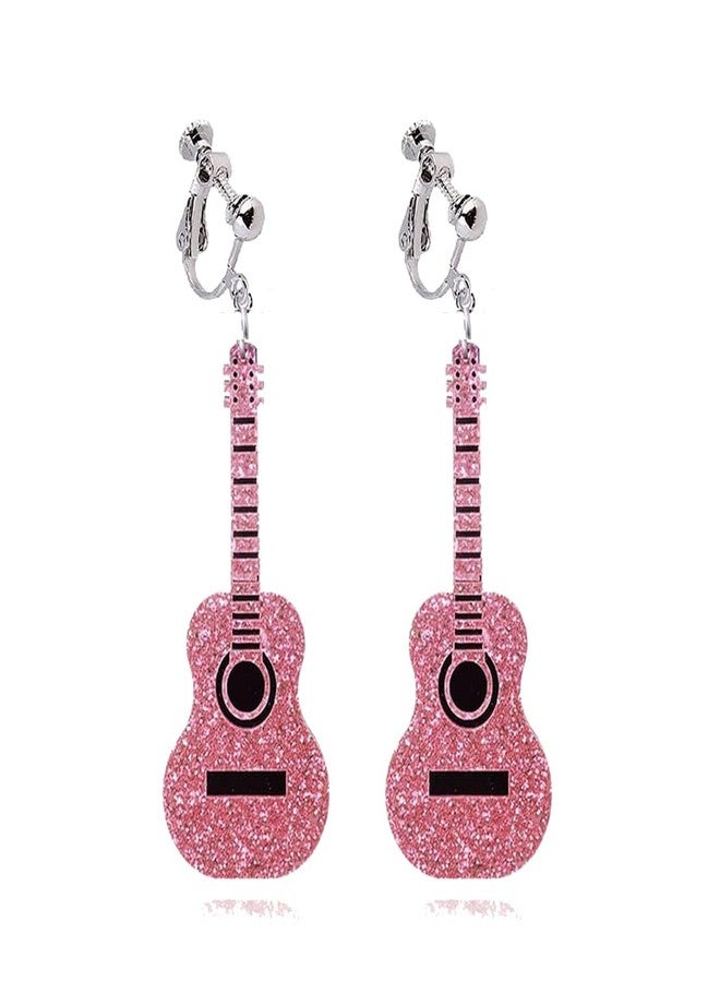 رويزن أقراط بمشبك من الثمانينيات، أقراط بمشبك على شكل شريط كاسيت، أقراط نسائية بدون ثقب، أقراط نيون ريترو من الثمانينيات، أقراط أزياء الثمانينيات (غيتار وردي) - Image 1