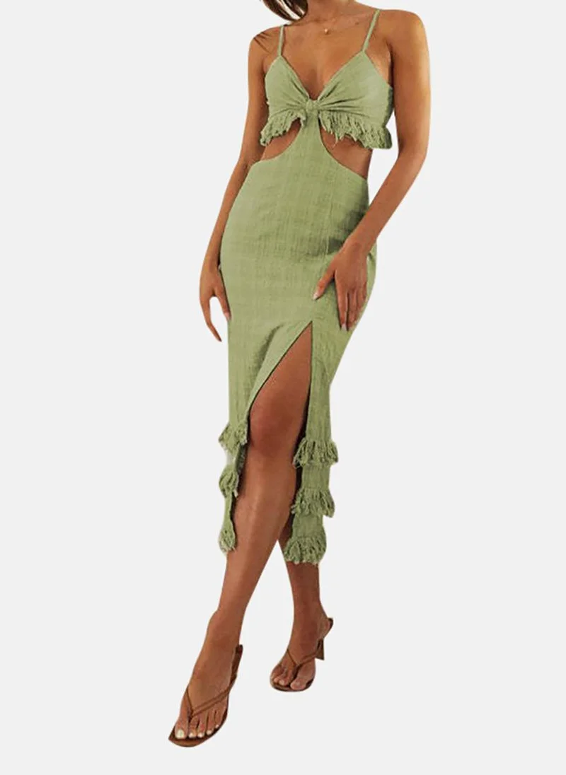 يونيكي Green Shoulder Straps Striped Sheath Midi Dress