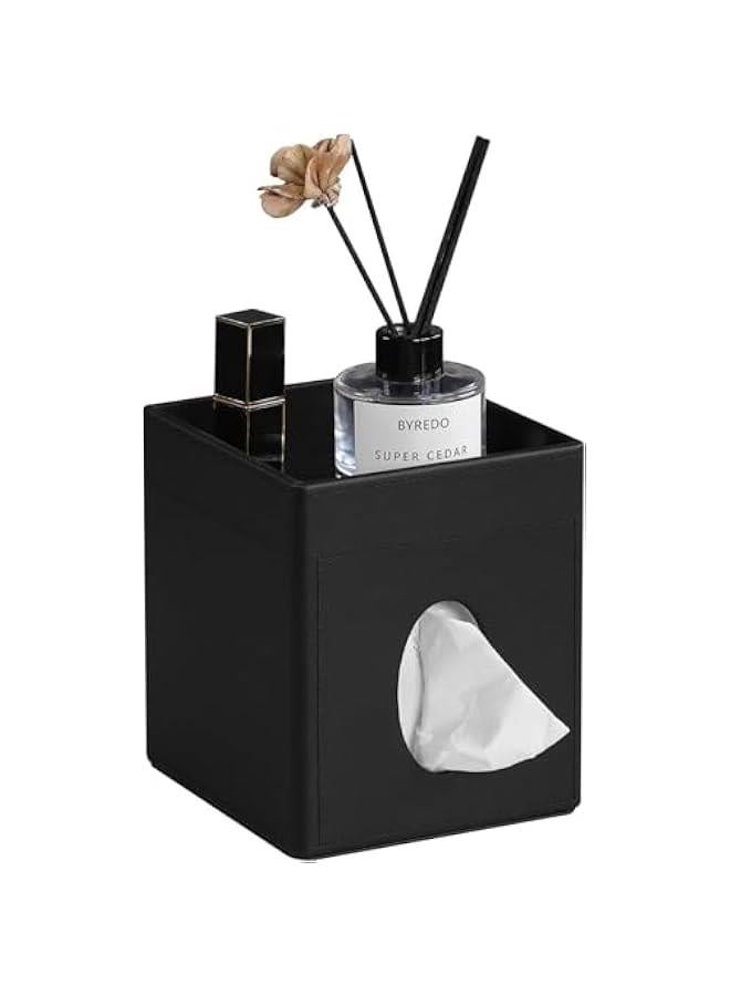 HOOKOR PU Leather Square Tissue Box Cover, Tissue Box Holder with Storage Tray for Bathroom Vanity Countertop Night Stands Bedroom Office Desk, Tissue and Remote Control Holder, Retro (Black) - Image 1