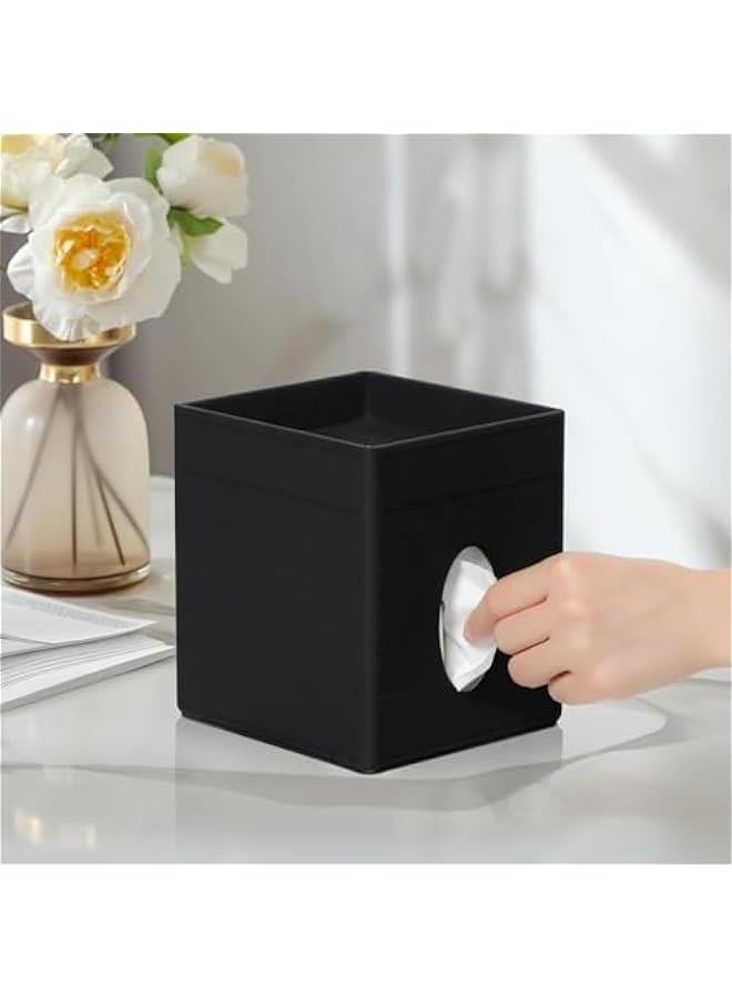 HOOKOR PU Leather Square Tissue Box Cover, Tissue Box Holder with Storage Tray for Bathroom Vanity Countertop Night Stands Bedroom Office Desk, Tissue and Remote Control Holder, Retro (Black) - Image 2