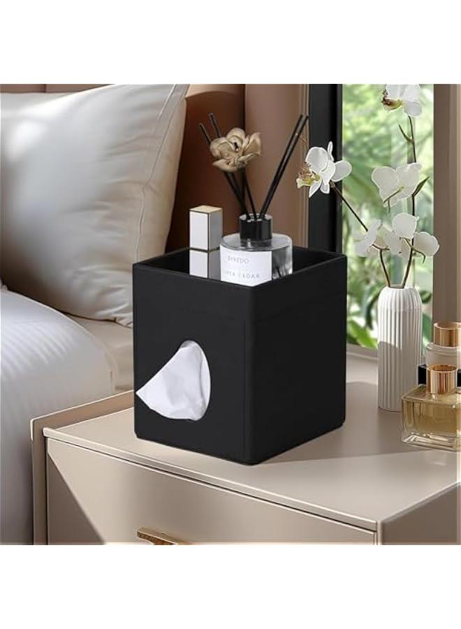 HOOKOR PU Leather Square Tissue Box Cover, Tissue Box Holder with Storage Tray for Bathroom Vanity Countertop Night Stands Bedroom Office Desk, Tissue and Remote Control Holder, Retro (Black) - Image 4
