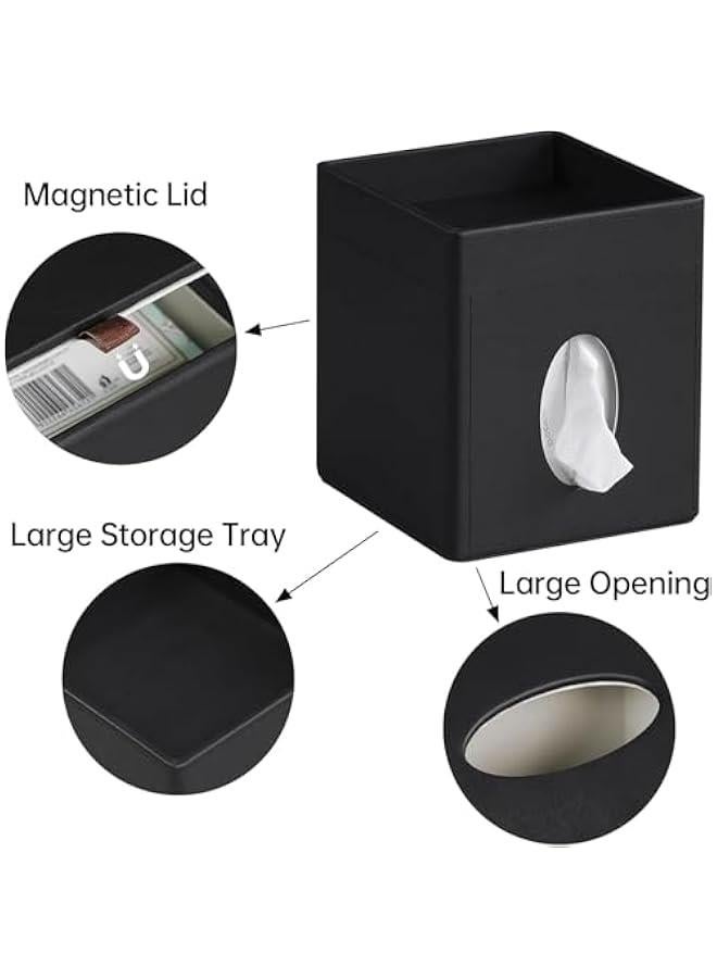 HOOKOR PU Leather Square Tissue Box Cover, Tissue Box Holder with Storage Tray for Bathroom Vanity Countertop Night Stands Bedroom Office Desk, Tissue and Remote Control Holder, Retro (Black) - Image 5