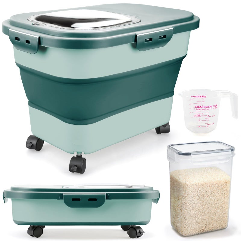 Komzon Rice Storage Containers Collapsible 20 to 30Lbs Food Storage Bin Dispenser with Rolling Wheel and Clear Airtight Lid BPA Free Flour Sugar Cereal and Dog Cat Pet food Containers