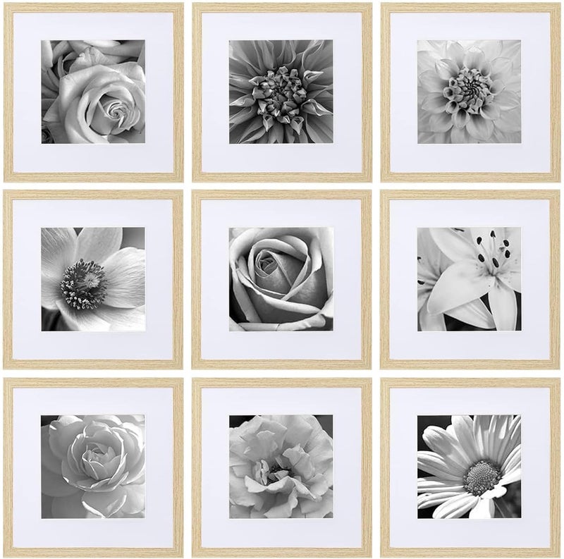 eletecpro 12x12 Picture Frames Set of 9 Classic Gallery Wall Frame Set Displays 8x8 Photo with Mat or 12x12 without Mat Square Picture Frames Collage Wall Decor, Natural Home Decor for Wall - Image 1