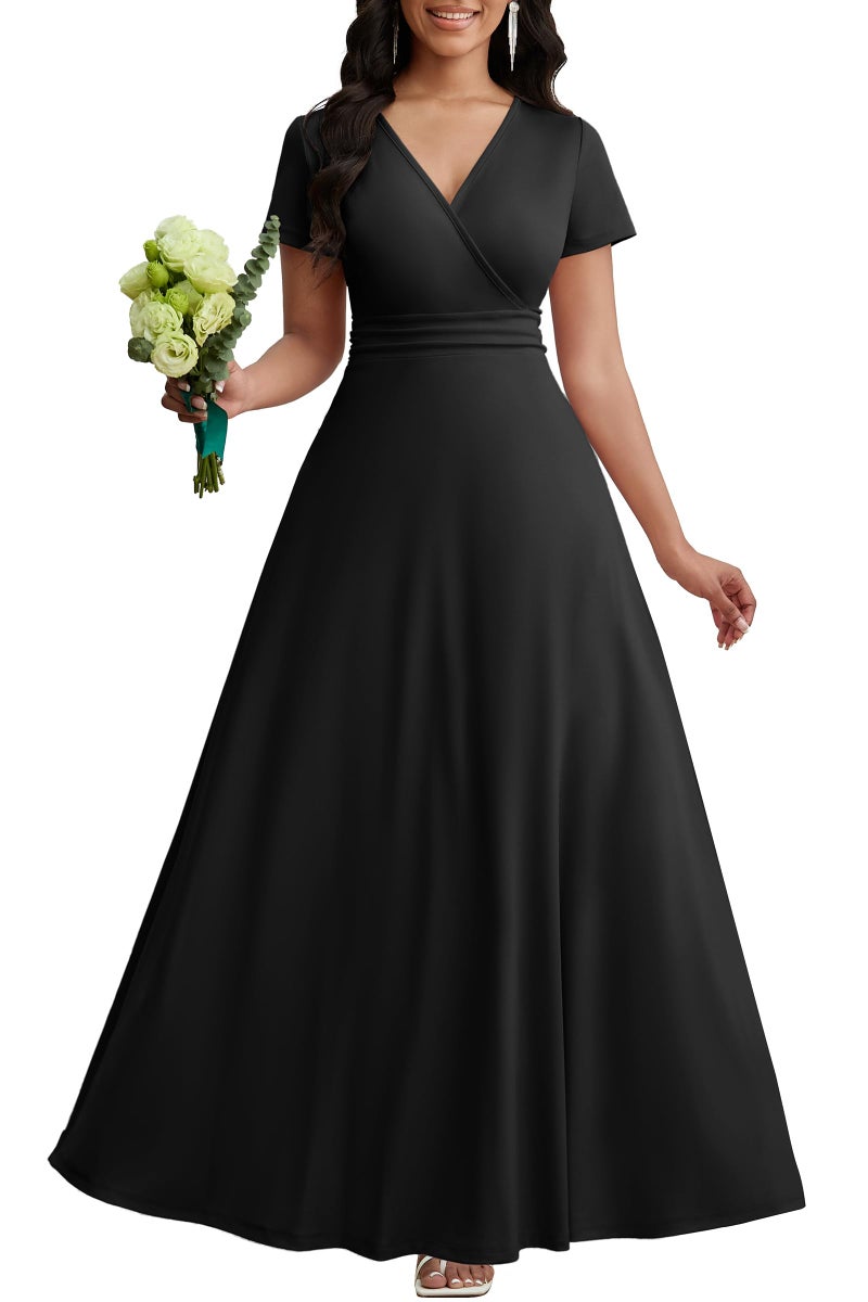 فستان رسمي للنساء من كلوكور بأكمام قصيرة صيفية طويلة على شكل حرف A برقبة على شكل V خصر عالي أسود 3XL