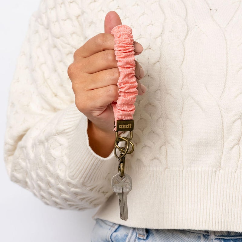 ANDI Wristlet Keychain for Women, Scrunchie Bracelet Key Ring With Clip Closure, Stretchy & Comfortable Wrist Lanyard, Key Chain For Car Keys, ID Cards(Coral Gingham) - Image 2