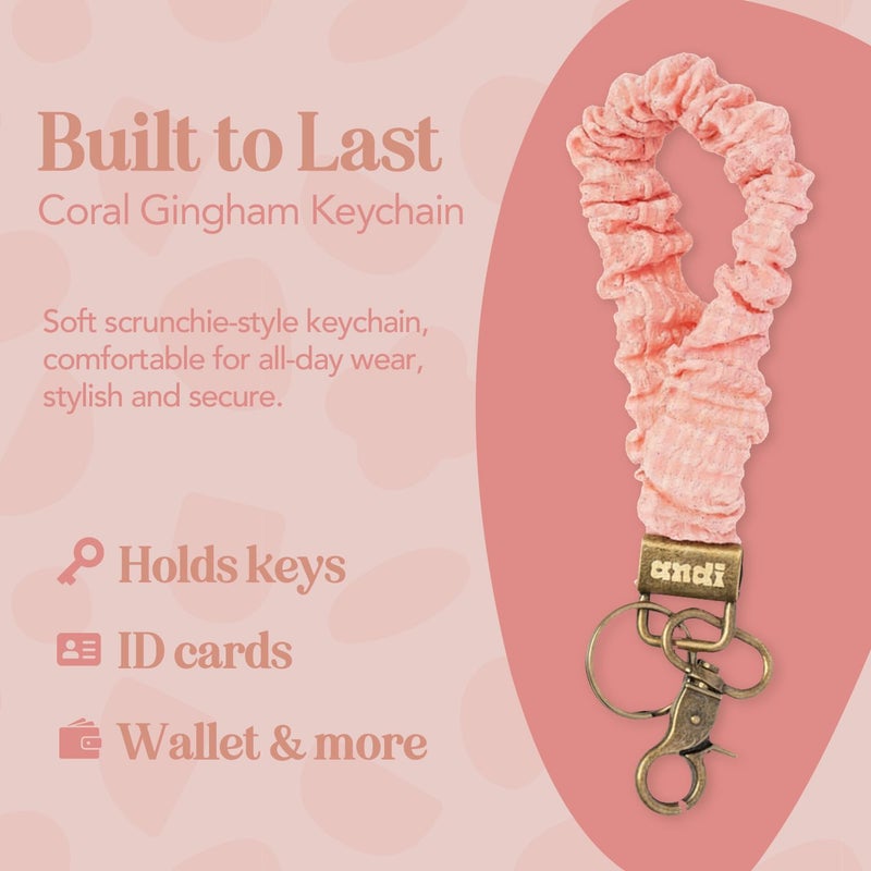 ANDI Wristlet Keychain for Women, Scrunchie Bracelet Key Ring With Clip Closure, Stretchy & Comfortable Wrist Lanyard, Key Chain For Car Keys, ID Cards(Coral Gingham) - Image 3