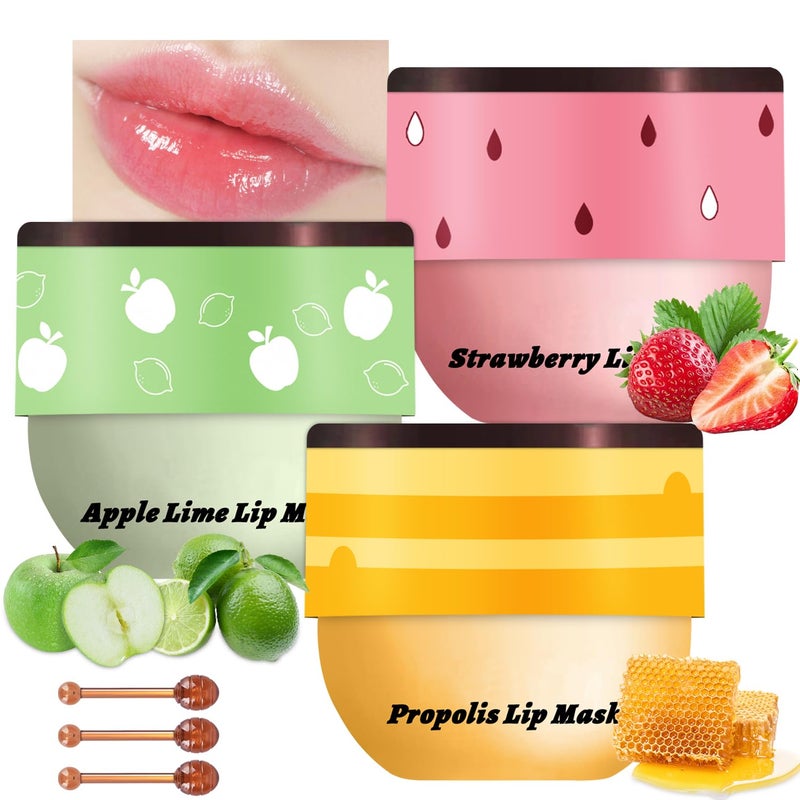 3 PCS Bee Honey Pot Lip Balm  Mask Set A  Strawberry Apple Lime Propolis  Moisturizing Hydrating Wrinkle Care