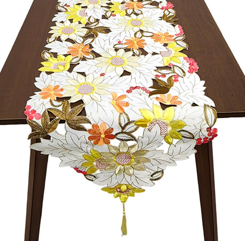 AMZALI Embroidered Table Runner 72 inches Long Summer Autumn Fall Decorative Cutwork Sunflower Floral Dresser Scarf Runner for Holiday Home Kitchen Dining Tabletop Decoration 1572