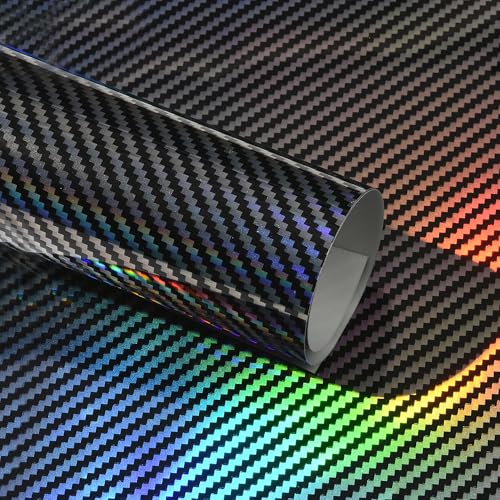 AuMoHall Holographic Laser Forged Carbon Fiber Vinyl Wrap High Gloss Rainbow Silver Color Change Car Body Wrapping Film SelfAdhesive Vehicle Exterior Interior Decorative Film 5984 x 1181 - Image 1