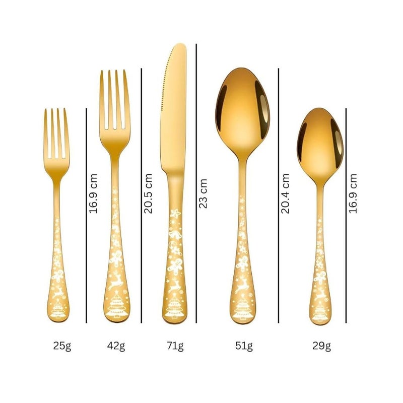 Sugalsu Christmas Silverware Set Flatware Set Service Stainless Steel Cutlery Tableware Cutlery Set with Unique Snowflakes and Deer Pattern Dishwasher Safe Set of 210Pcs Gold - Image 2