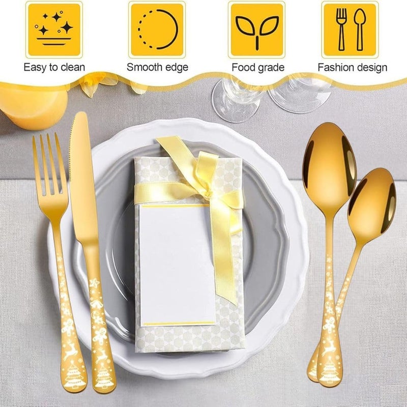 Sugalsu Christmas Silverware Set Flatware Set Service Stainless Steel Cutlery Tableware Cutlery Set with Unique Snowflakes and Deer Pattern Dishwasher Safe Set of 210Pcs Gold - Image 4