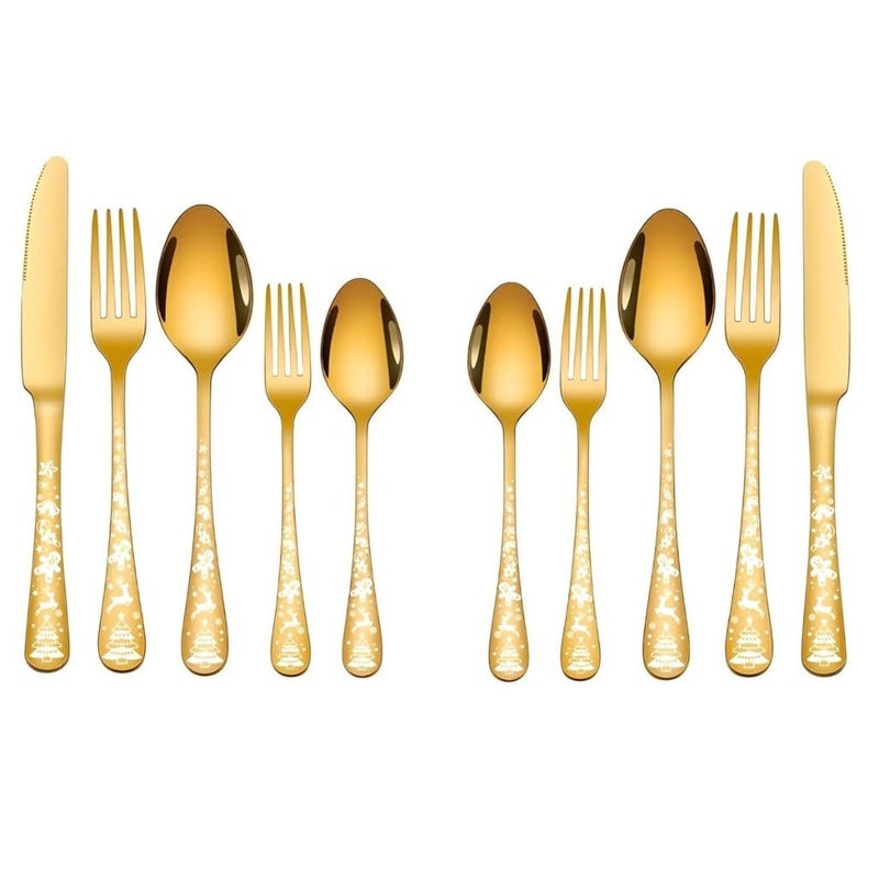 Sugalsu Christmas Silverware Set Flatware Set Service Stainless Steel Cutlery Tableware Cutlery Set with Unique Snowflakes and Deer Pattern Dishwasher Safe Set of 210Pcs Gold - Image 1