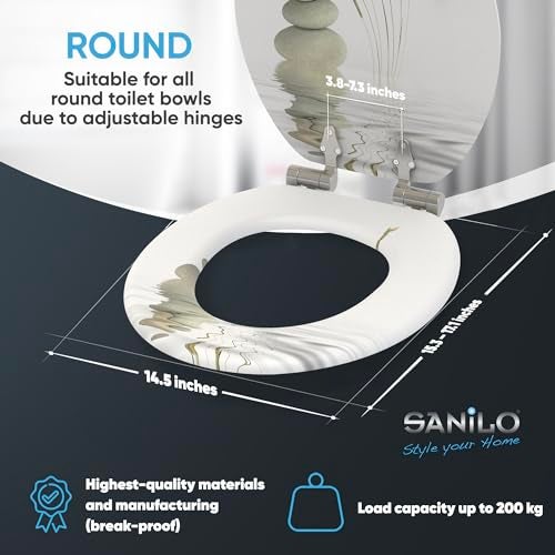 SANILO Wooden Toilet Seat with Soft Close [ROUND] - Decorative, Quiet & Slow Close Molded Wood Seat - With Strong Bumpers & Hinges - Adjustable Fit – Balance - Image 4