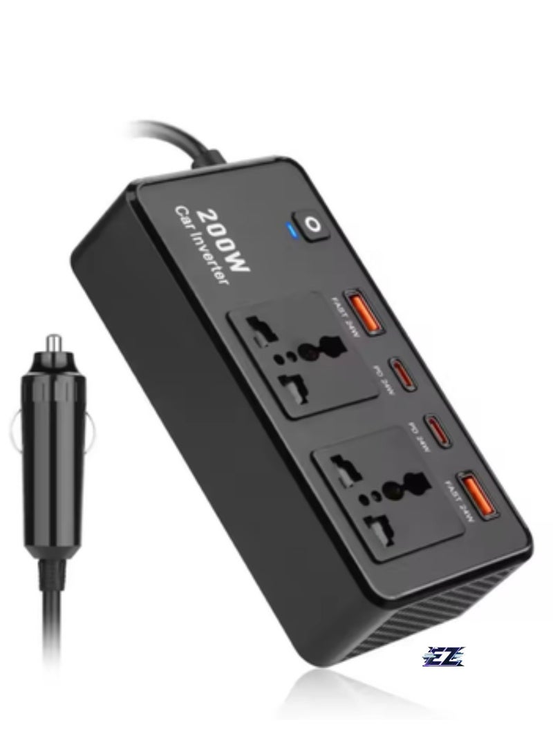 ELTRAZONE Power Inverter Car Adapter 200W – 12V to 220V Voltage Converter for Electric Devices – Includes USB & Type-C Ports, Universal Charging for Laptops, Smartphones & More – Compact & Portable  - Image 2