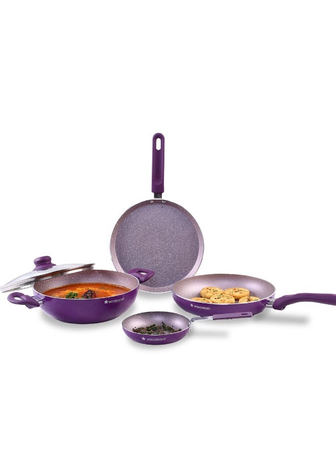 Wonderchef Royal Velvet 5Pc Non-Stick Cookware Set for Kitchen, Fry Pan 24cm, Mini Fry Pan 14cm, Wok with Lid 24cm, Dosa Tawa 24cm, Non-Toxic, Gas Stove & Induction Friendly, 2-Yr Warranty, Purple - Image 1
