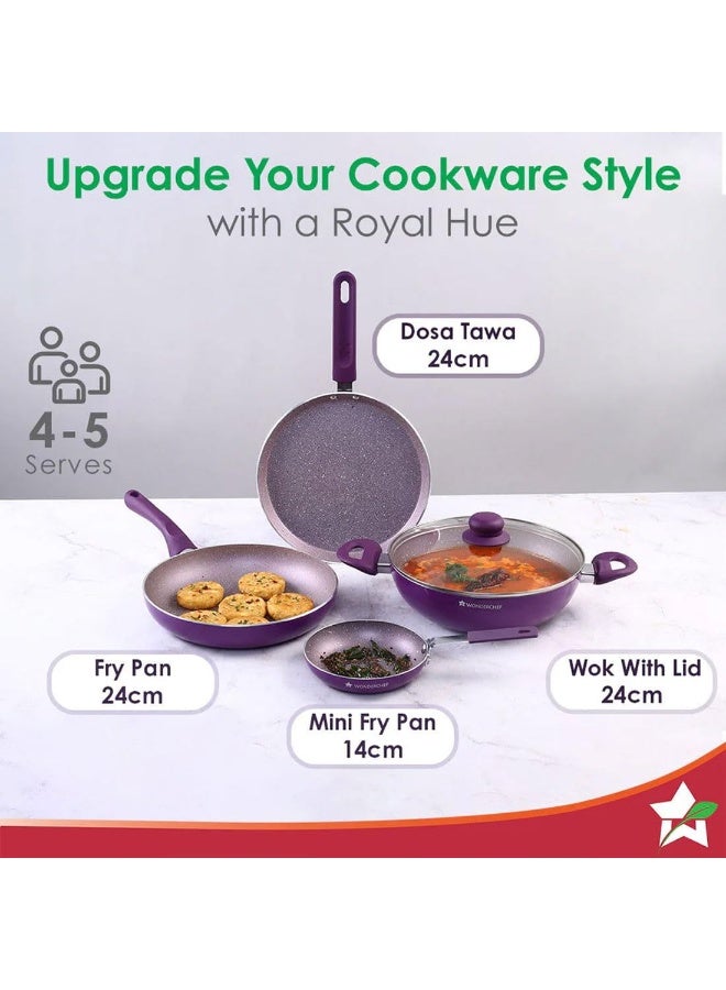 Wonderchef Royal Velvet 5Pc Non-Stick Cookware Set for Kitchen, Fry Pan 24cm, Mini Fry Pan 14cm, Wok with Lid 24cm, Dosa Tawa 24cm, Non-Toxic, Gas Stove & Induction Friendly, 2-Yr Warranty, Purple - Image 3