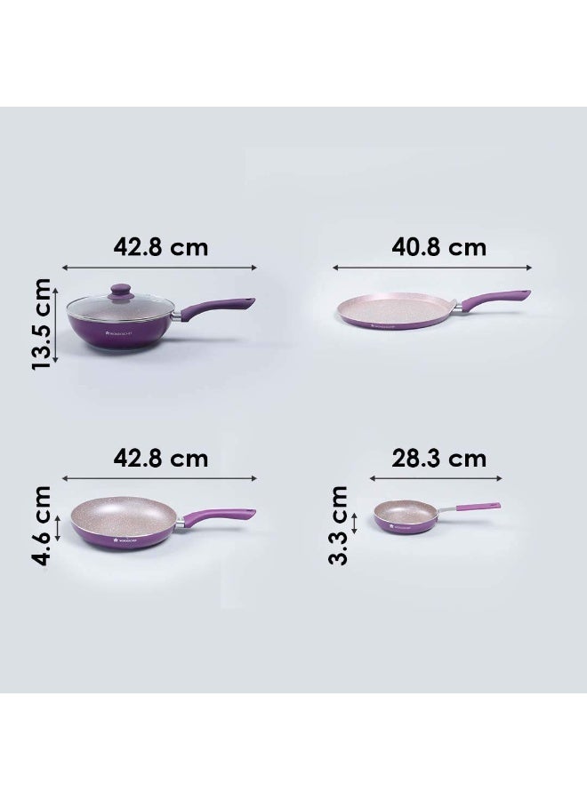Wonderchef Royal Velvet 5Pc Non-Stick Cookware Set for Kitchen, Fry Pan 24cm, Mini Fry Pan 14cm, Wok with Lid 24cm, Dosa Tawa 24cm, Non-Toxic, Gas Stove & Induction Friendly, 2-Yr Warranty, Purple - Image 2